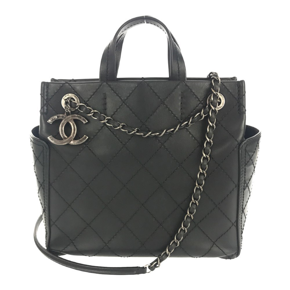 CHANEL Wild Stitch Shoulder Tote Bag Matelasse Coco Mark Charm Black